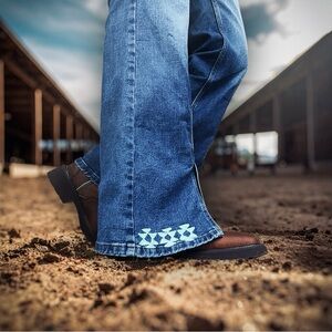 Western Hand-Embroidered Rodeo Rewind Wrangler Aztec Split Flare Jeans